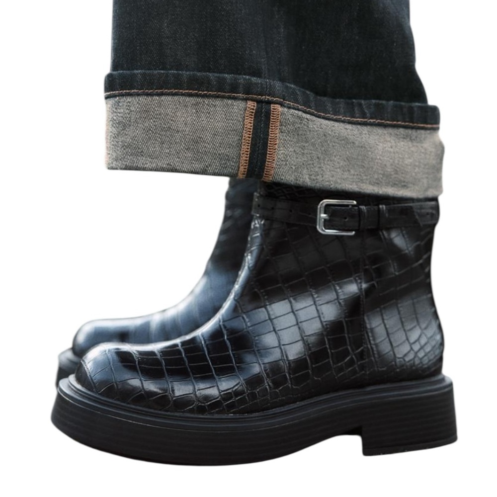 New Zara Black Croc-Embossed Chunky Ankle Boots in Black Croc Size 37